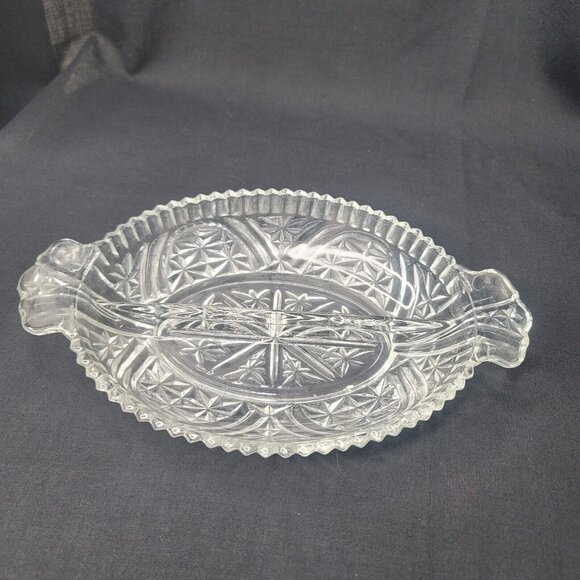 Oval Cut Glass Low Split Bowl Dish Sawtooth 10.5 x 6.5 x 2 Inches - Picture 1 of 6